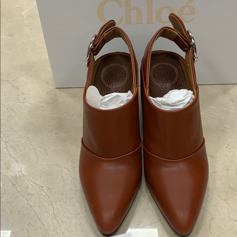 CHLOE WAVE SLINGBACK IN SEPIA BROWN LUXURY SMOOTH LEATHER WAVE HEEL SZ EU 38.5 - Picture 3 of 10